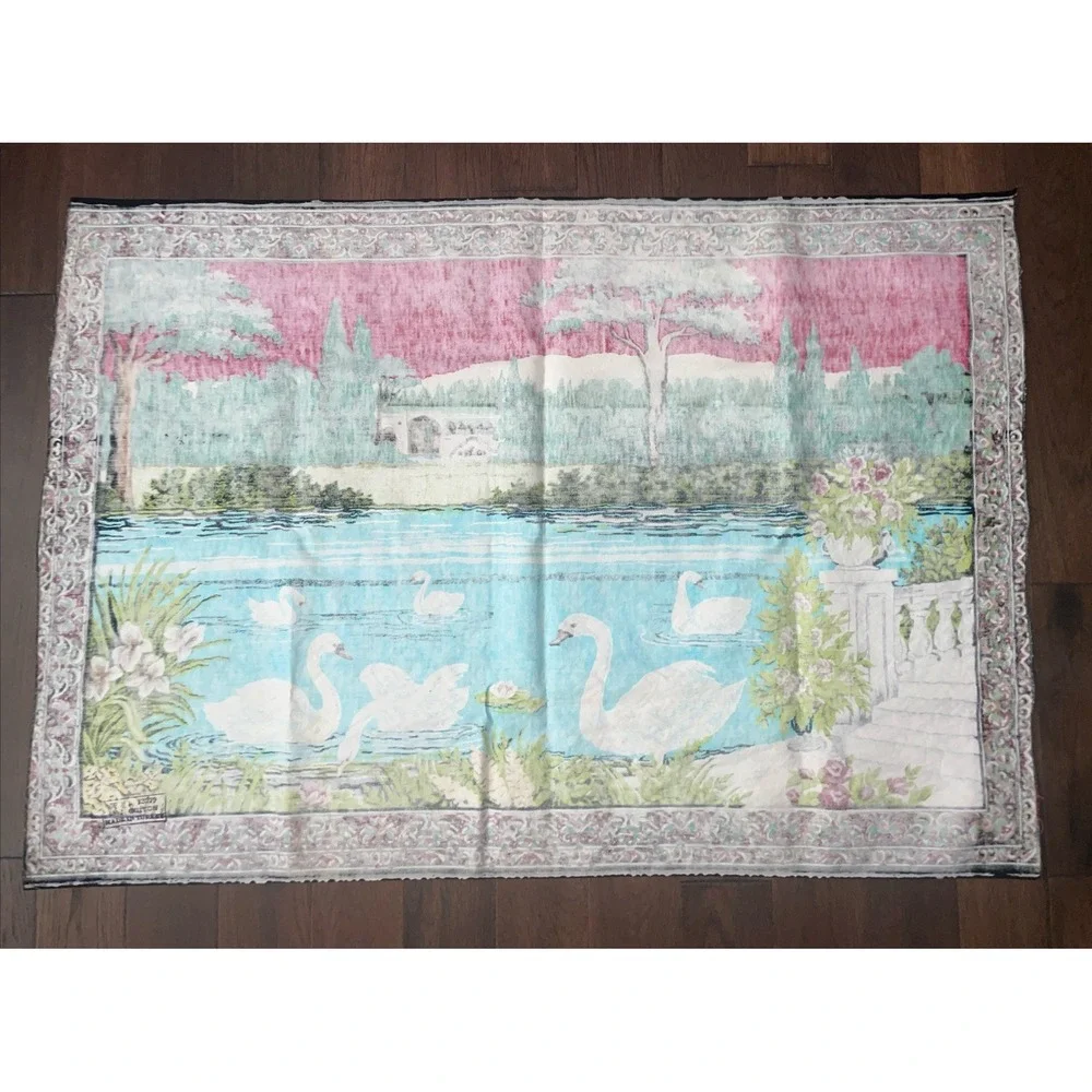Vintage‎ Turkish Tapestry Swans Italian Pond Scene Colorful Wall Hanging 74